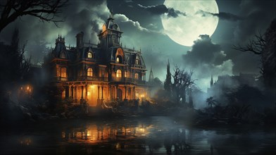 Halloween haunted mansion dimly lit amongst the foggy trees, generative AI