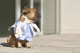 French Bulldog dog dressed up with funny doctor lab coat costume with fake arms