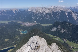 Aerial view, Mittenwald and Western Wettersteinspitze, Karwendel, Bavaria, Germany, Europe