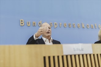 Olaf Scholz (SPD), Federal Chancellor, recorded at a federal press conference on current domestic