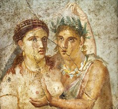 Fresco from ancient Pompeii, Man and woman in erotic situation, Italy, Historic, digitally restored