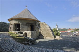 Medieval castle and tower of the Laurentius Church, Burg, Elsterberg, Vogtland, Saxony, Germany,