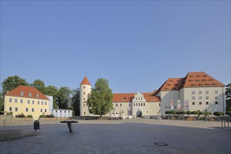 Castle Square with Renaissance Freudenstein Castle and Krügerhaus, Freiberg, Saxony, Germany,