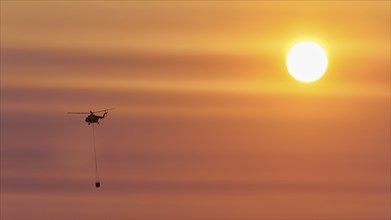 Helicopter, helicopter, fire-fighting helicopter, fire, sunball, sunset, Falassarna, West Crete,