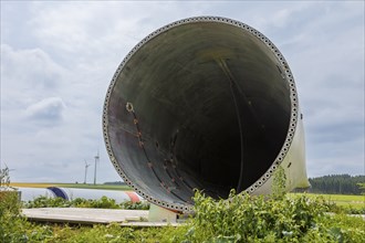 Components for a new giant wind turbine in Voigtsdorf. 80 m long rotor blade made of plastic