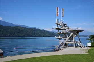 Lake, outdoor pool, diving tower, swimming chain, summer, Lake Millstatt, Millstatt, Carinthia,