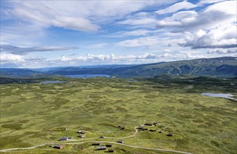 Houses with grass roofs, tundra landscape with lakes, Fjell, Oystre Slidre, Jotunheimen National