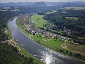 Rathen on the Elbe withView from the new viewing platform on the Bastei to the Lilienstein, Rathen,