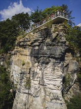 Aerial view of Rathen on the Elbe with the rocks of the Basteige area and the new viewing platform