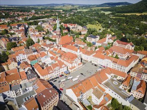 Aerial view of Löbau city centre. Löbau is a large district town in the district of Görlitz in