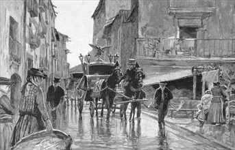 Funeral in Lisbon, Portugal, hearse, horse-drawn carriage, drawbar, mourning, festive clothes, wet