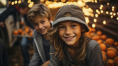 Happy young children enjoying the fall harvest festivities outside, generative AI