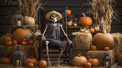 Decorated halloween porch with pumpkins, hay bails and eerie skeleton, generative AI