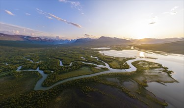 River delta of the Laddjujohka River, Lake Paittasjärvi, Kebnekaise Massif in the back,