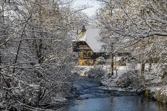 Snow-covered Black Forest farm, Fürstenberger Hof museum of local history, Unterharmersbach, Black