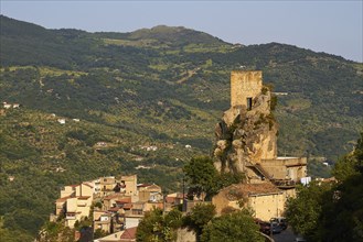 Morning light, Alcara li Fusi, village, tower on rocky outcrop, close, Nebrodi National Park,