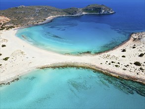 Drone shot, double bay of Simos beach, Sarakiniko beach, Elafonisos, Deer Island, Laconia,