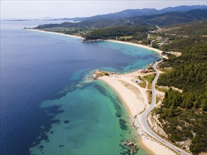 Aerial view, Ema beach umd Toroni beach, Toroni, Torone, Sithonia, Chalkidiki, Central Macedonia,