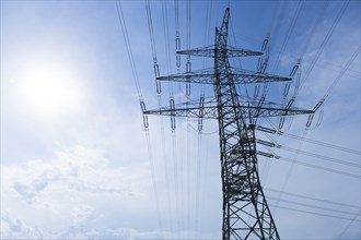 Power pylons, sun, Baden-Württemberg, Germany, Europe