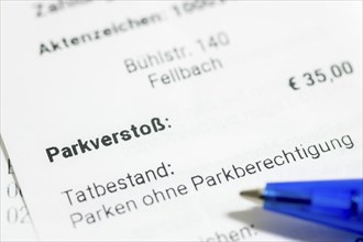 Ticket, parking offence, parking ticket, demand for payment, pen, Baden-Württemberg, Germany,