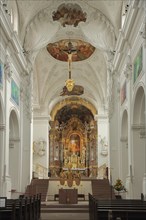 Interior view with ceiling fresco and painting of the baroque Neumünster Church, Neumünsterkirche,