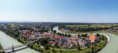 Drone shot, Art Nouveau Salzach bridge between Oberndorf bei Salzburg and Laufen an der Salzach,