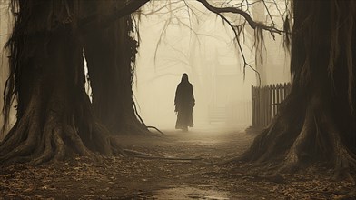 Ghostly female figure silhouette standing or walking amidst the spooky halloween fog outside,