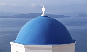 Blue dome of Church of Agios Nikolaos, Ia, Oia, Santorini, Greece, Europe