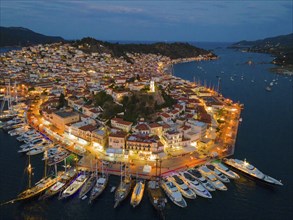 Aerial view, blue hour, Poros, Poros Island, Saronic Islands, Peloponnese, Greece, Europe