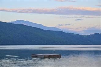 Lake, bathing raft, sky, clouds, twilight, sunrise, summer, Lake Millstatt, Döbriach, Carinthia,