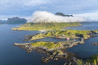 Fishing village Hovden, coast, fjords and mountains, Langoya island, Vesteralen archipelago,