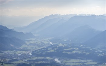 Evening atmosphere view from Scheffauer the Inn valley with river Inn, Kitzbühler Alps, Tyrol,