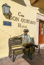 Bronze sculpture of male seafarer outside Casa Don Gustavo hotel, Campeche city, Campeche State,