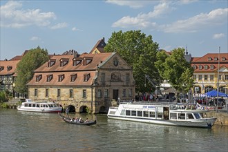 Gondolier, boat, excursion boats, Regnitz, Alter Schlachthof, harbour, Bamberg, Upper Franconia,