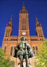 Neo-Gothic Market Church with statue of William I of Nassau, Wiesbaden, Hesse, Germany, Europe