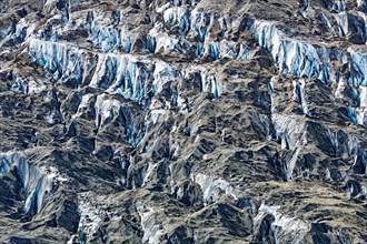 Aerial view of Kaskawulsh Glacier with crevasses and moraine deposits, Icefield Ranges, Kluane