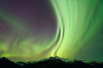 Northern lights (Aurora borealis) in different colours, starry sky, snowy mountain landscape in