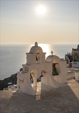 Bell Tower and Sea at sunset, Ia, Oia, Santorini, Greece, Europe