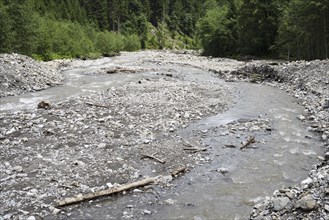 Illegal stream straightening in a nature reserve, Rappenalpbach in the Rappenalptal valley near