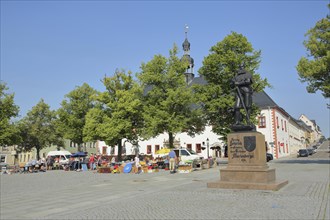 Marketplace with flea market and monument to Duke Henry the Pious, Marienberg, Erzgebirge, Saxony,