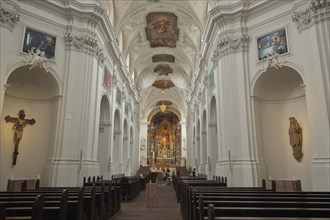 Interior view with ceiling fresco, decorations, figures and paintings of the baroque Neumünster