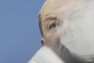 Olaf Scholz (SPD), Federal Chancellor, recorded at a federal press conference on current domestic