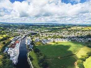 Aerial view over Totnes and River Dart from a drone, Totnes, Devon, England, United Kingdom, Europe