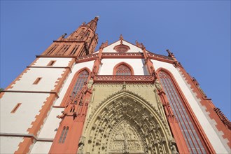 View upwards with tympanum of the Gothic Lady Chapel, perspective, Würzburg, Lower Franconia,