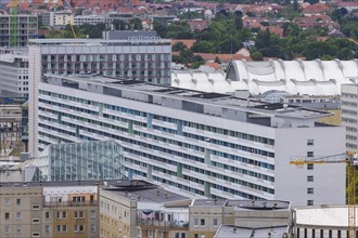 View from the Town Hall Tower over the inner Old Town to Prager Strasse with the new buildings from