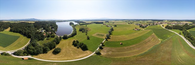 Drone shot, Abtsdorfer See with village Leobendorf, municipality Saaldorf-Surheim, Rupertiwinkel,