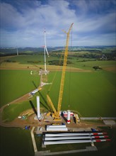 Erection of a new giant wind turbine in Voigtsdorf. with 80-metre-long plastic rotor blades