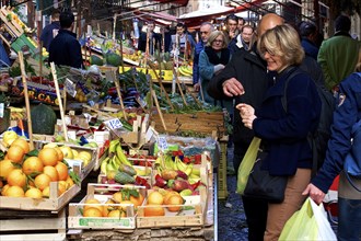 Narrow market alley, customers, fruit boxes, markets, open air, Palermo, capital, Sicily, Italy,