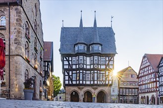 Town view Alsfeld at sunrise, market place with town hall and half-timbered houses, Alsfeld, Knüll