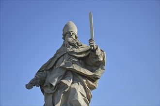 Sculpture Saint Burkardus, first bishop of Würzburg, Burkard, Burkhard, holding up sword in arm,